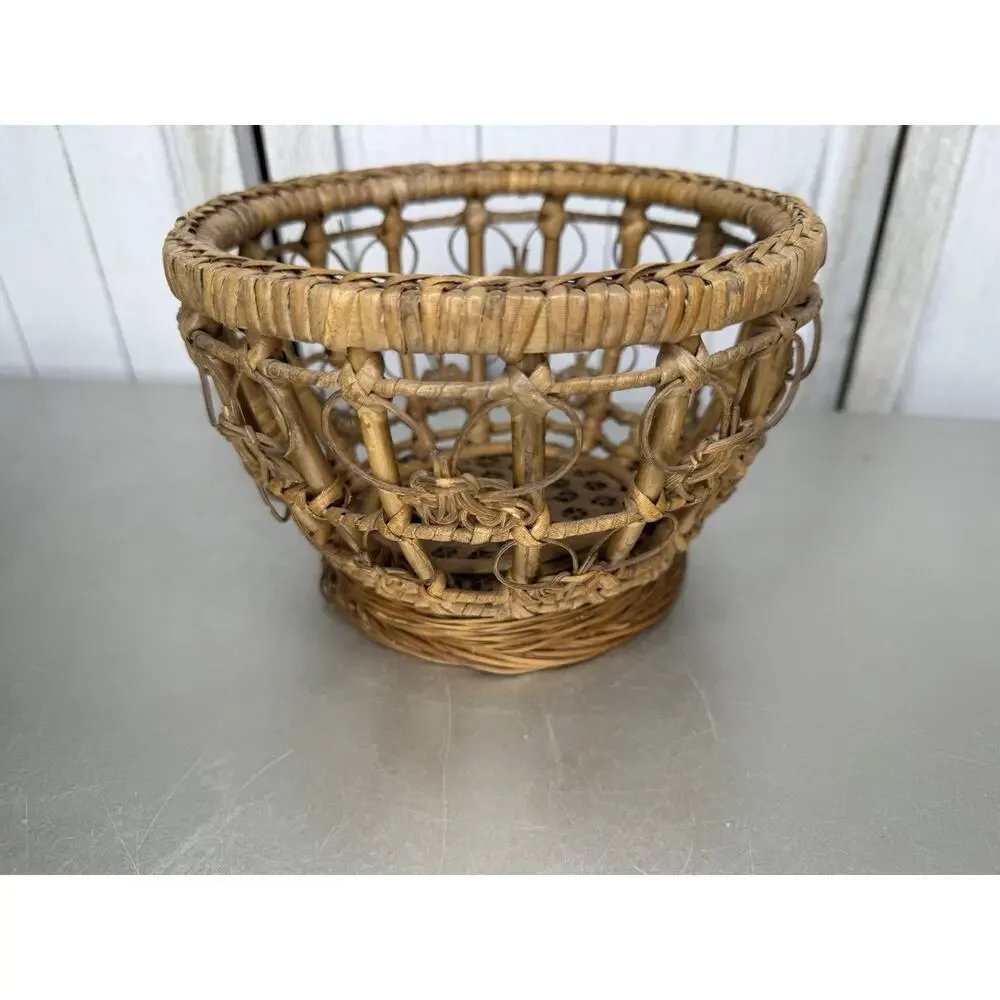 Vintage Basket Wicker Rattan Woven Floral Intricate Primitive Small